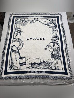 CHAGEE Modern Tea House Woven Throw Blanket Shawl Toile Fringe Blue White 61x51